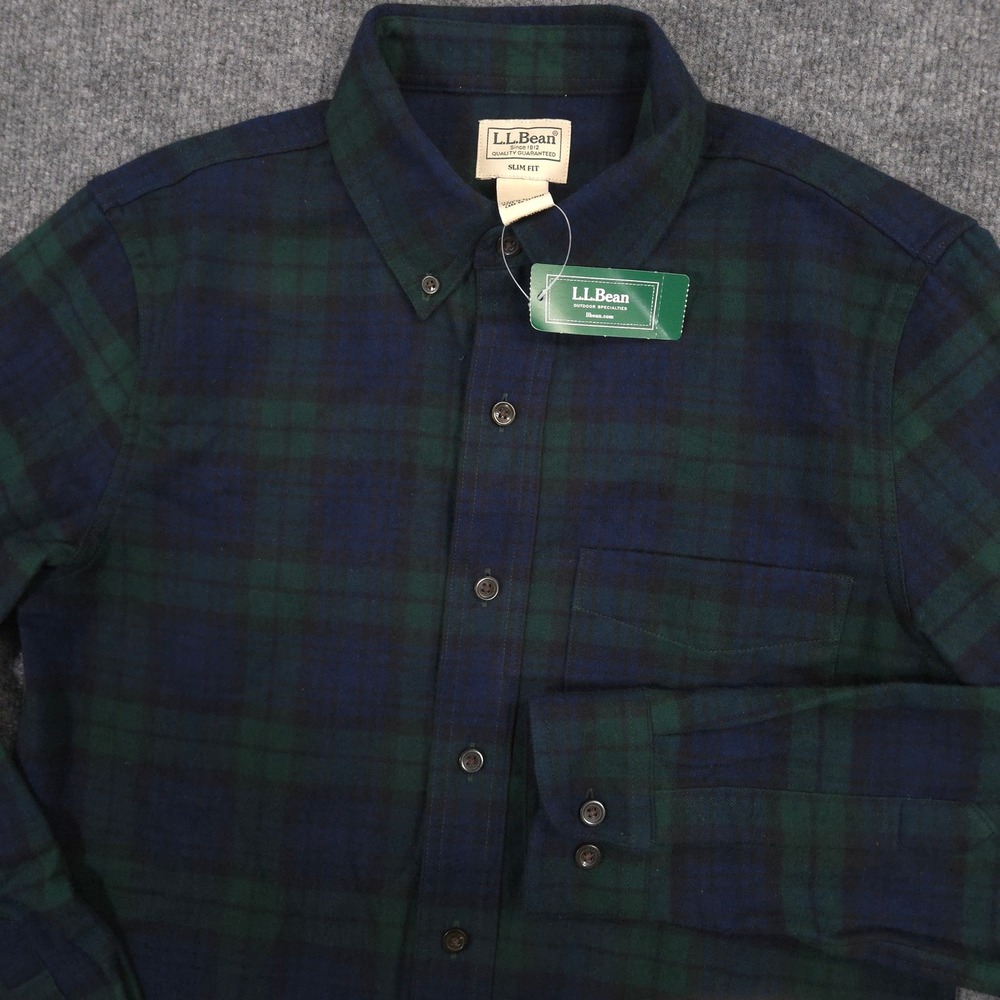 LL Bean Flannel Shirt Mens S Green Blue Black Watch Plaid Slim Fit Outdoor NEW